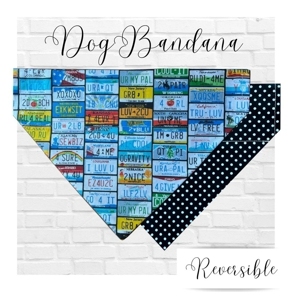 New Vanity License Plate Handmade Reversible Over Collar Dog Bandana XS SM M La…